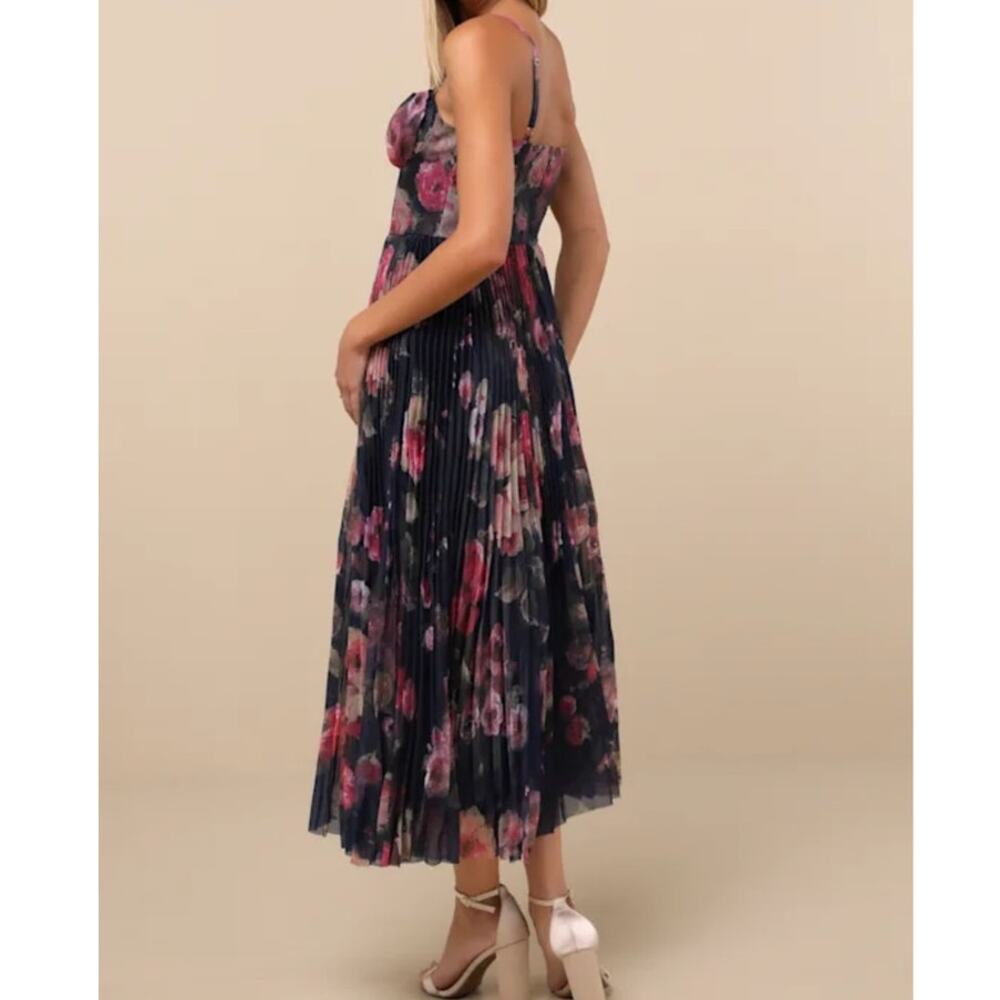 Lulus Alluring Invite Floral Pleated Bustier Midi Dress Women's Medium Navy Blue - Picture 6 of 16